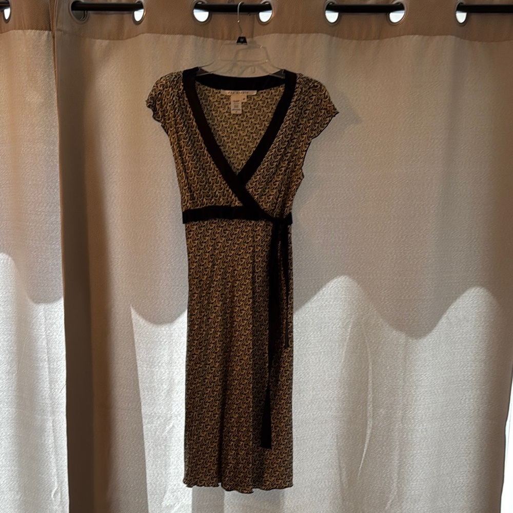 Brown and Black Midi Wrap Dress with Flutter Cap Sleeves